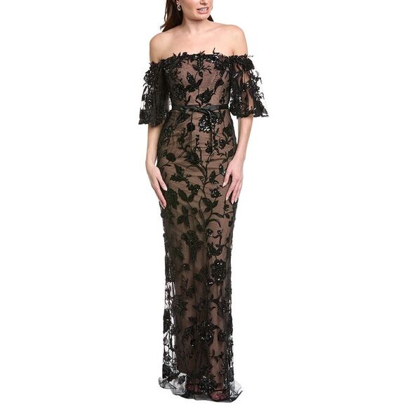 Marchesa Notte WomensEmbellished Gown, Black